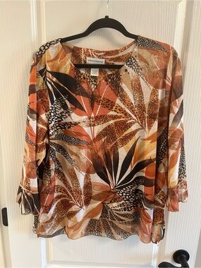 Alfred Dunner Orange and Brown Leaf-Print Blouse
